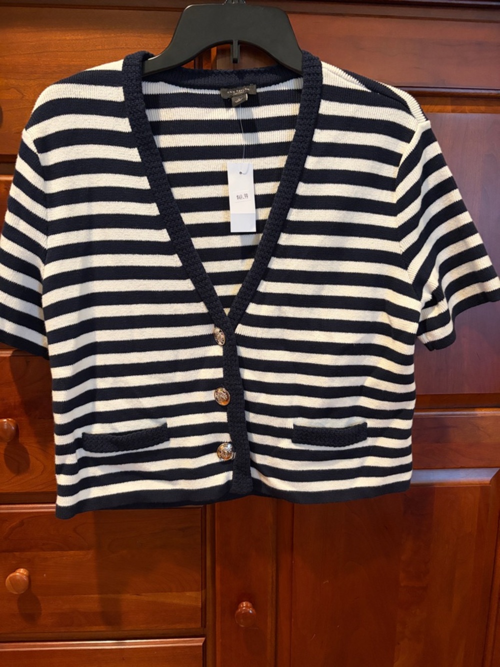 Ann Taylor Factory Navy and White Striped Short-Sleeve Cardigan size medium